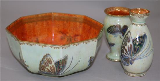 A Daisy Makeig Jones for Wedgwood octagonal lustre bowl, 2 vases and a bowl